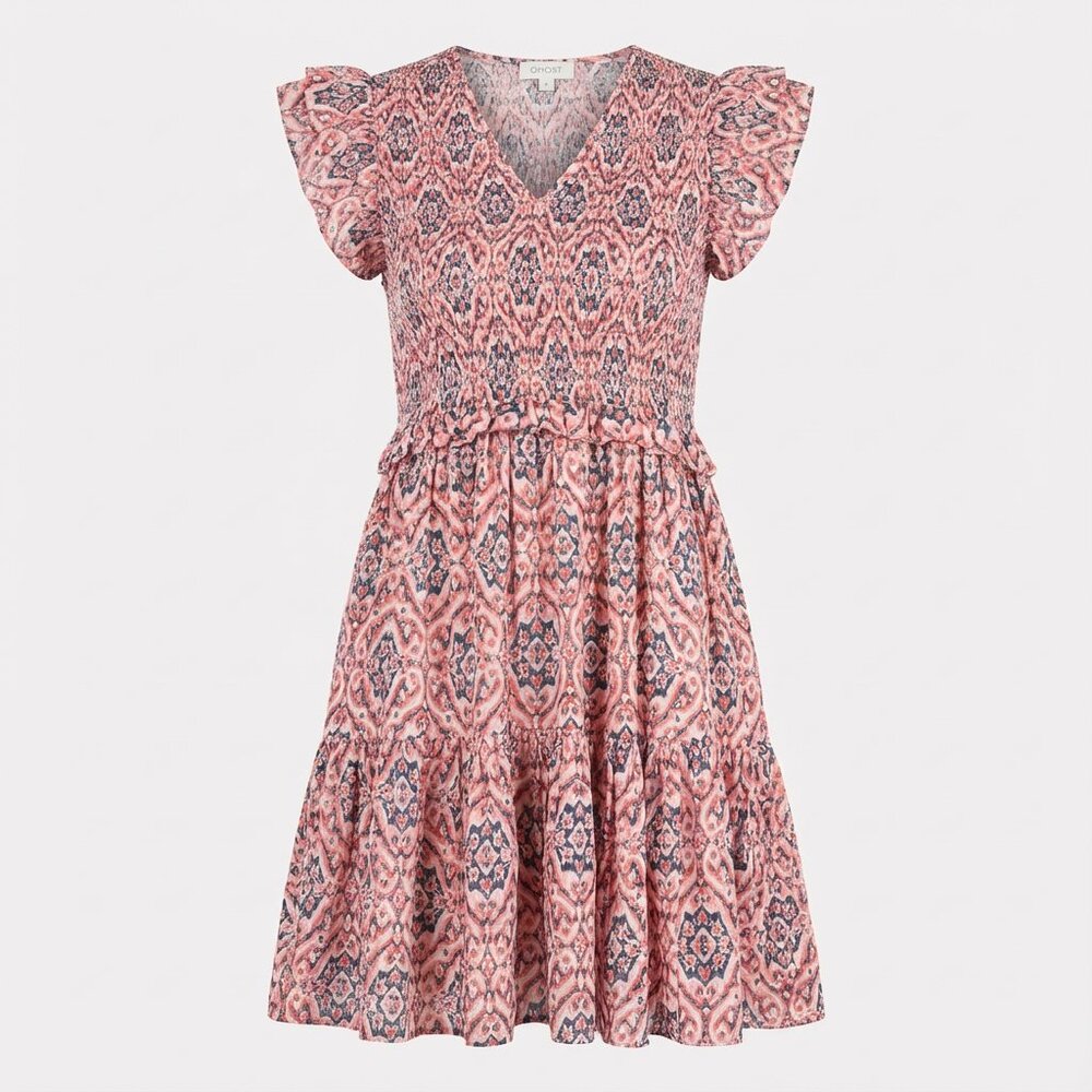 Elan Ikat Print Ruffle Sleeve Dress • Size Large Boho Midi / Mini Dress